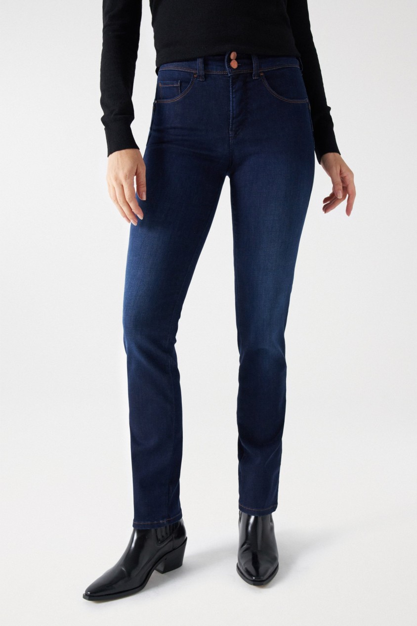 DARK WASH SLIM LEG SECRET PUSH IN JEANS