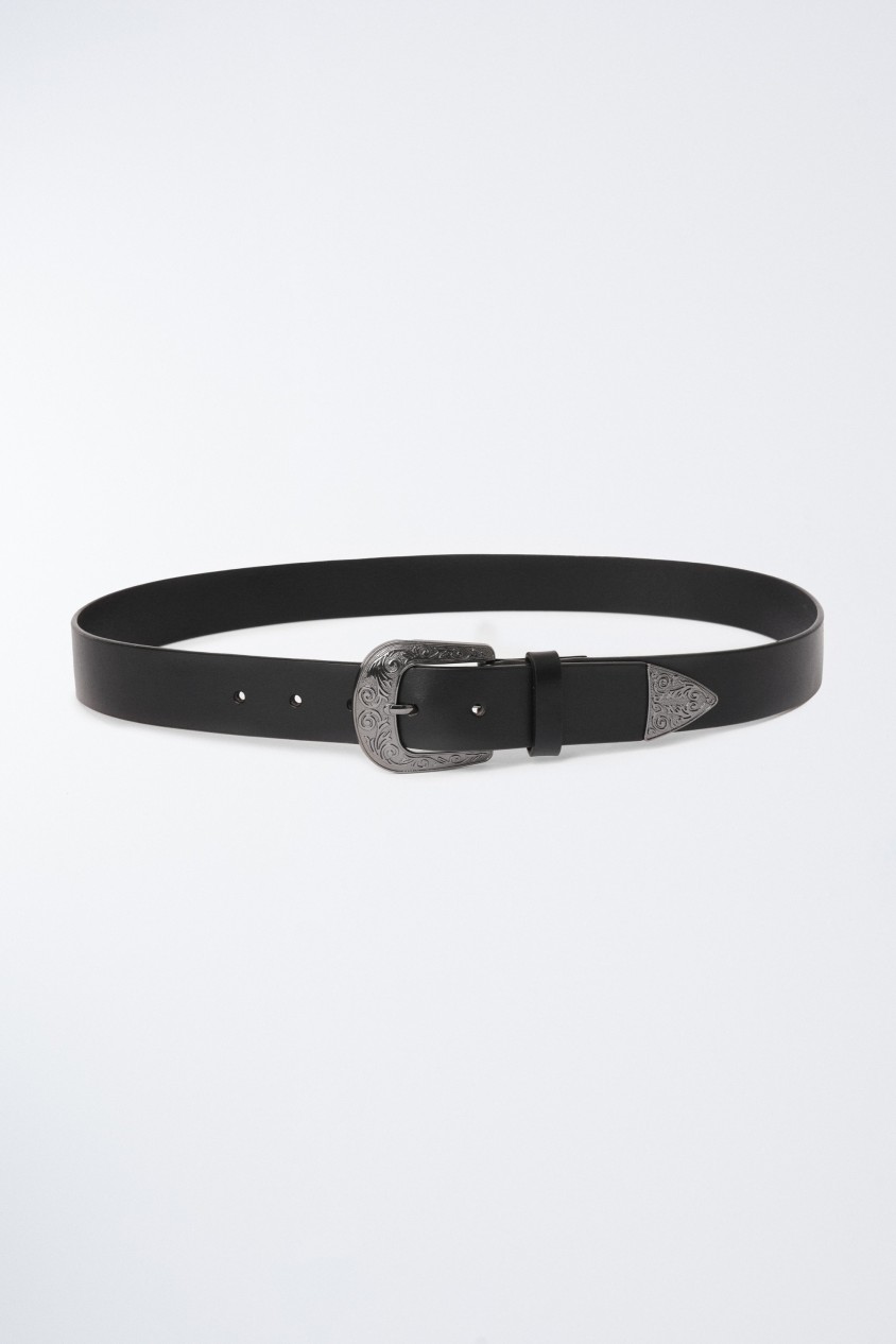 LEATHER BELT WITH PATTERNED TEXAN BUCKLE