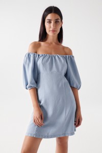 SHORT LIGHTDENIM DRESS WITH BALLOON SLEEVES