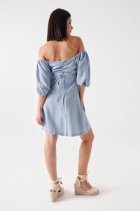 SHORT LIGHTDENIM DRESS WITH BALLOON SLEEVES