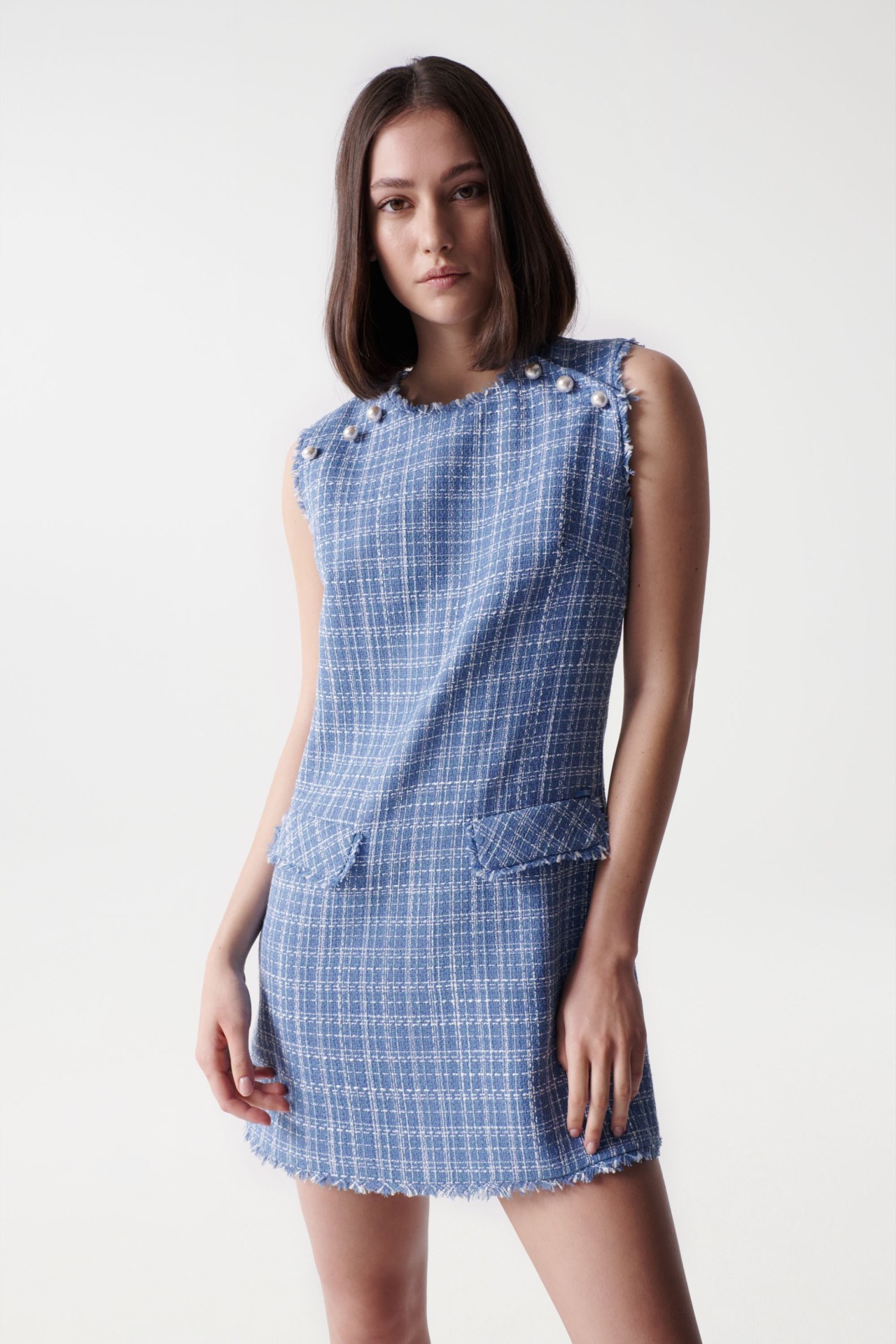 VESTIDO CON TEXTURA DE TWEED AZUL