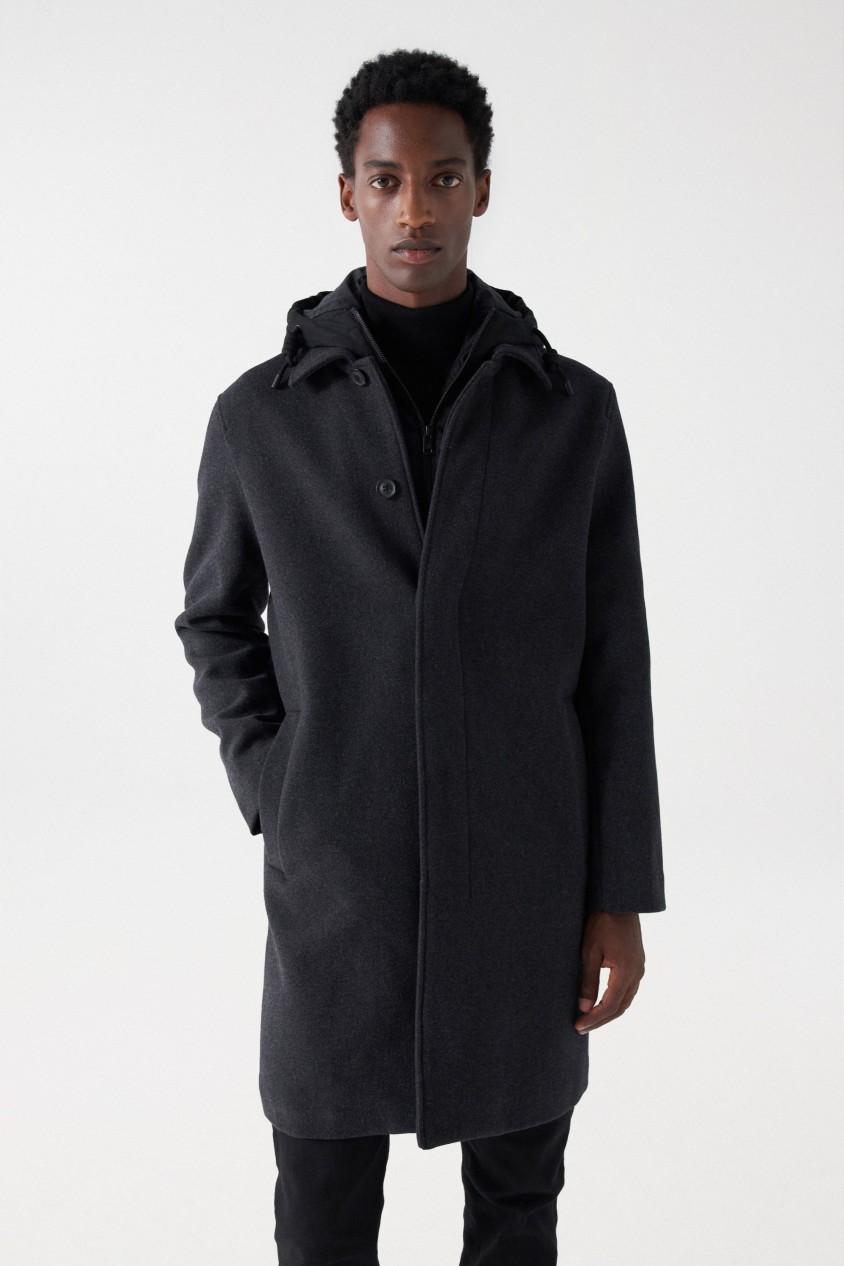 LONG WOOLLEN COAT WITH DETACHABLE HOOD