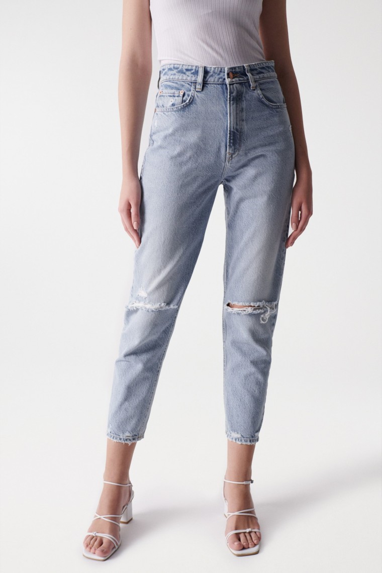 CROPPED TRUE-JEANS, SLIM MIT RISSEN