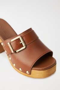 LEATHER CLOG SANDALS WITH BUCKLE AND GOLD APPLIQUS