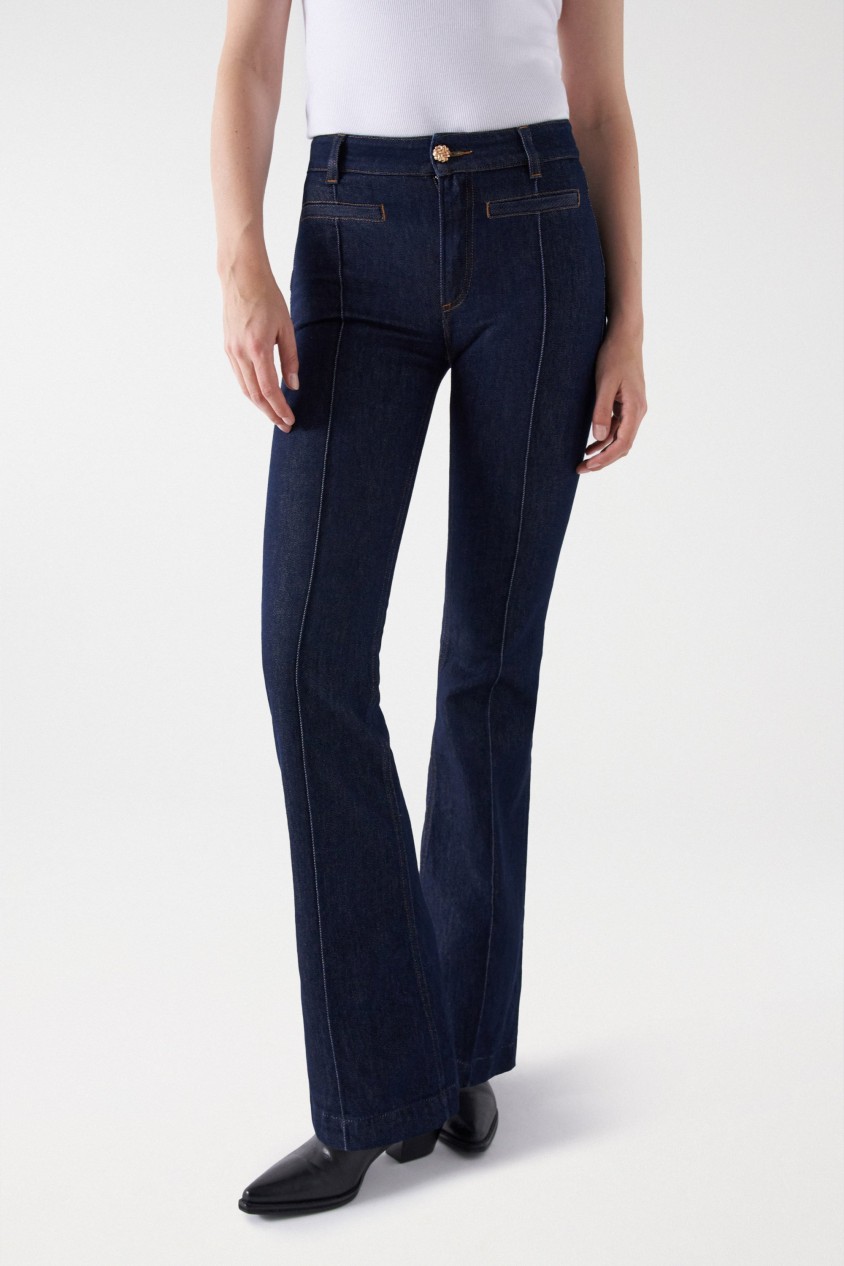 DESTINY PUSH UP-JEANS, FLARE-PASSFORM, MIT GOLDFARBENEM KNOPF