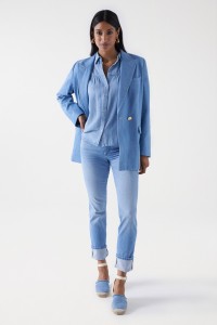 LIGHTDENIM BLOUSE WITH RUFFLE DETAIL