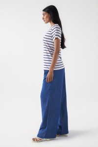 STRIPED LINEN T-SHIRT WITH GLITTER DETAIL AND FRINGES