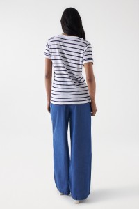 STRIPED LINEN T-SHIRT WITH GLITTER DETAIL AND FRINGES