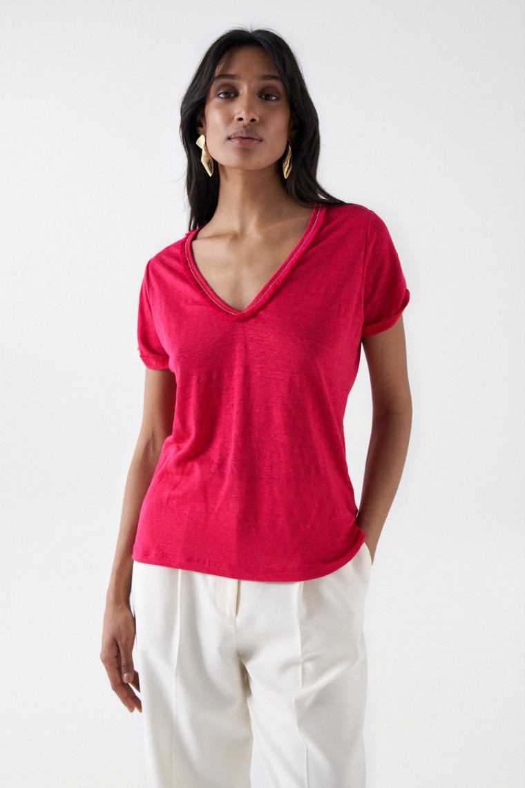 LINEN T-SHIRT WITH GLITTER DETAIL