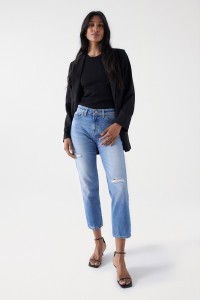 CROPPED TRUE-JEANS, SLIM, MIT RISSEN