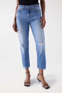 CROPPED TRUE-JEANS, SLIM, MIT RISSEN