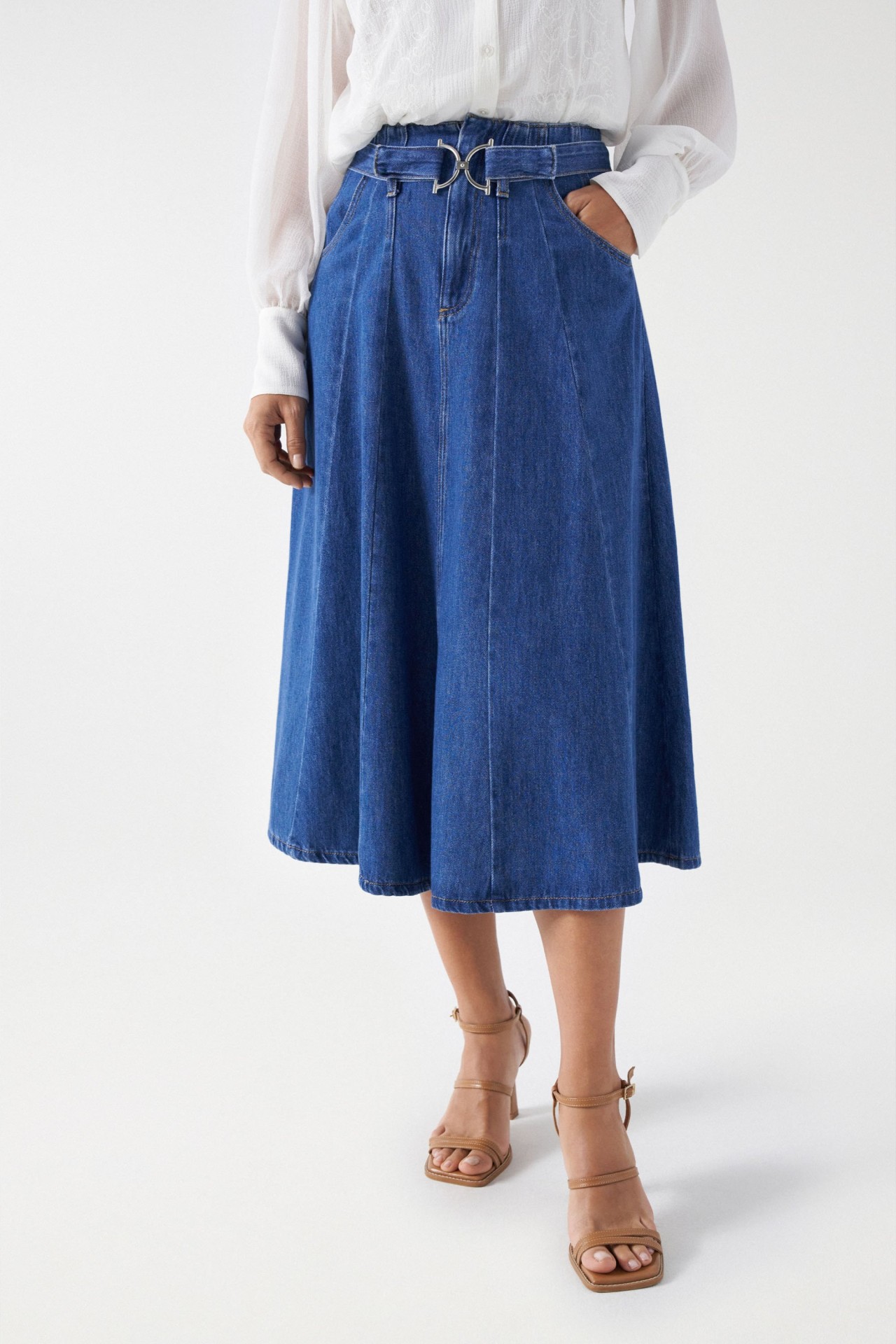 LIGHTDENIM FLARED MIDI SKIRT