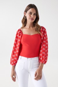 BLOUSE WITH ENGLISH EMBROIDERED SLEEVES