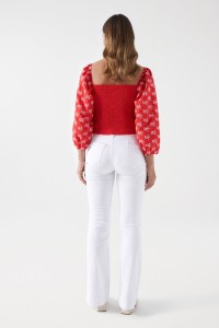 BLOUSE WITH ENGLISH EMBROIDERED SLEEVES