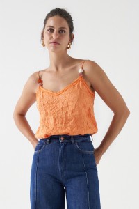 TOP WITH LINEN AND NATURAL BEAD DETAIL