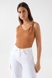 ASYMMETRICAL NECKLINE TOP WITH METALLIC DETAIL