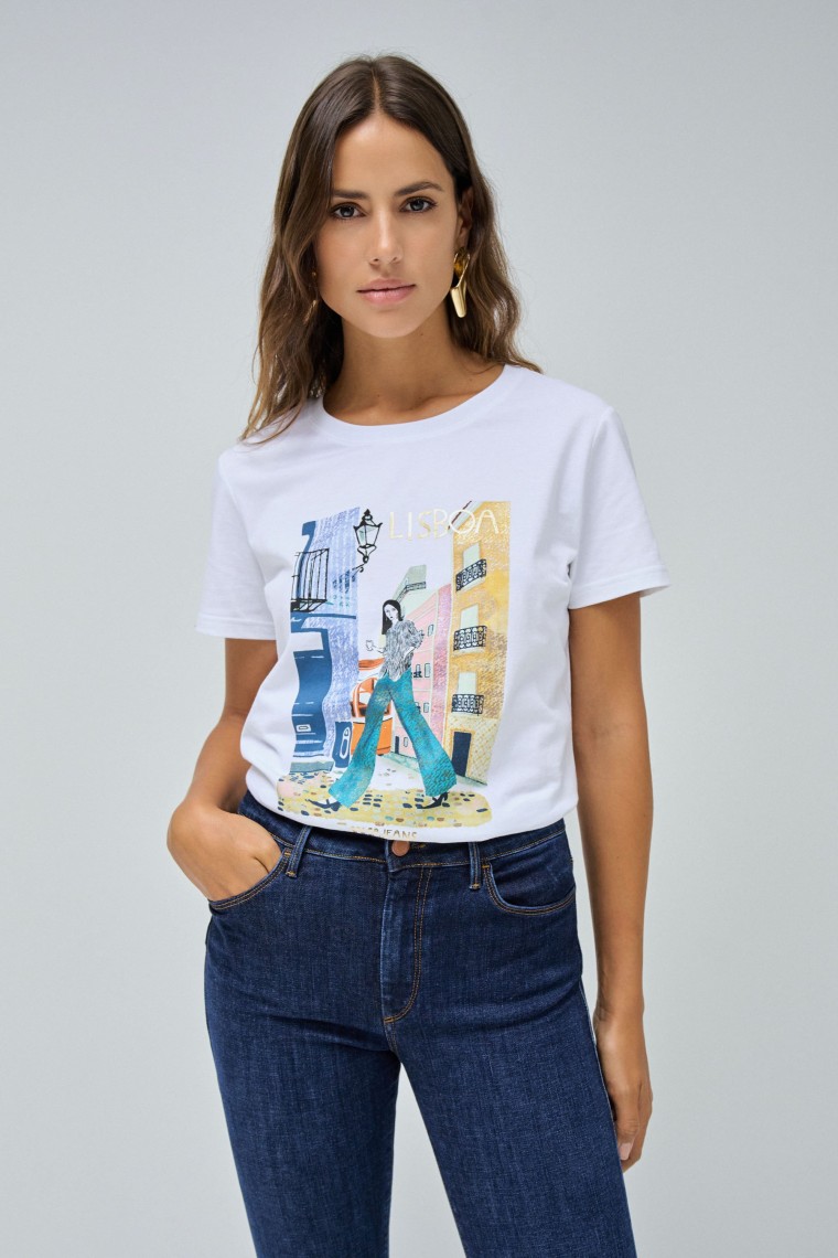 T-SHIRT WEISS MIT LISBON-DRUCK