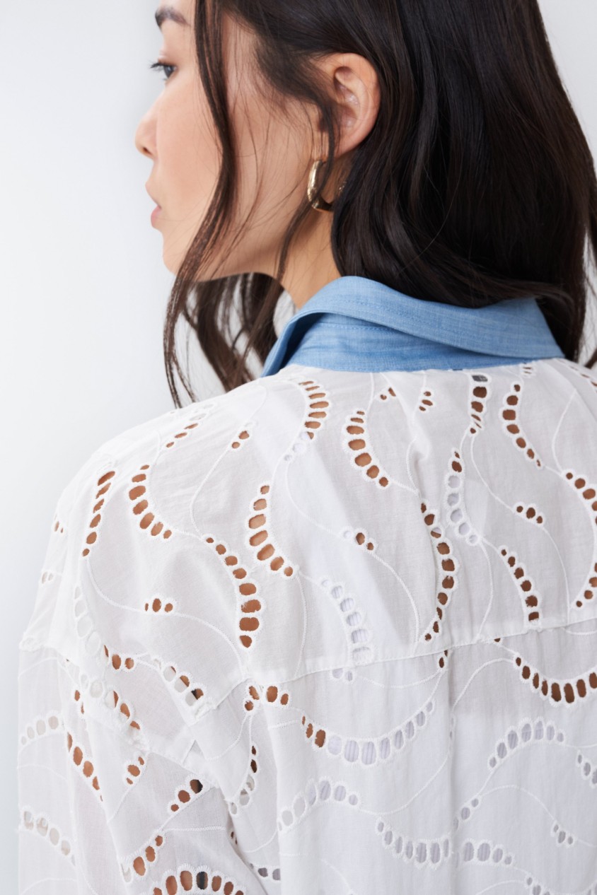 EMBROIDERED SHIRT WITH DENIM INSERTS