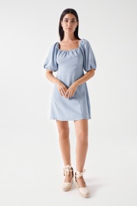 SHORT LIGHTDENIM DRESS WITH BALLOON SLEEVES