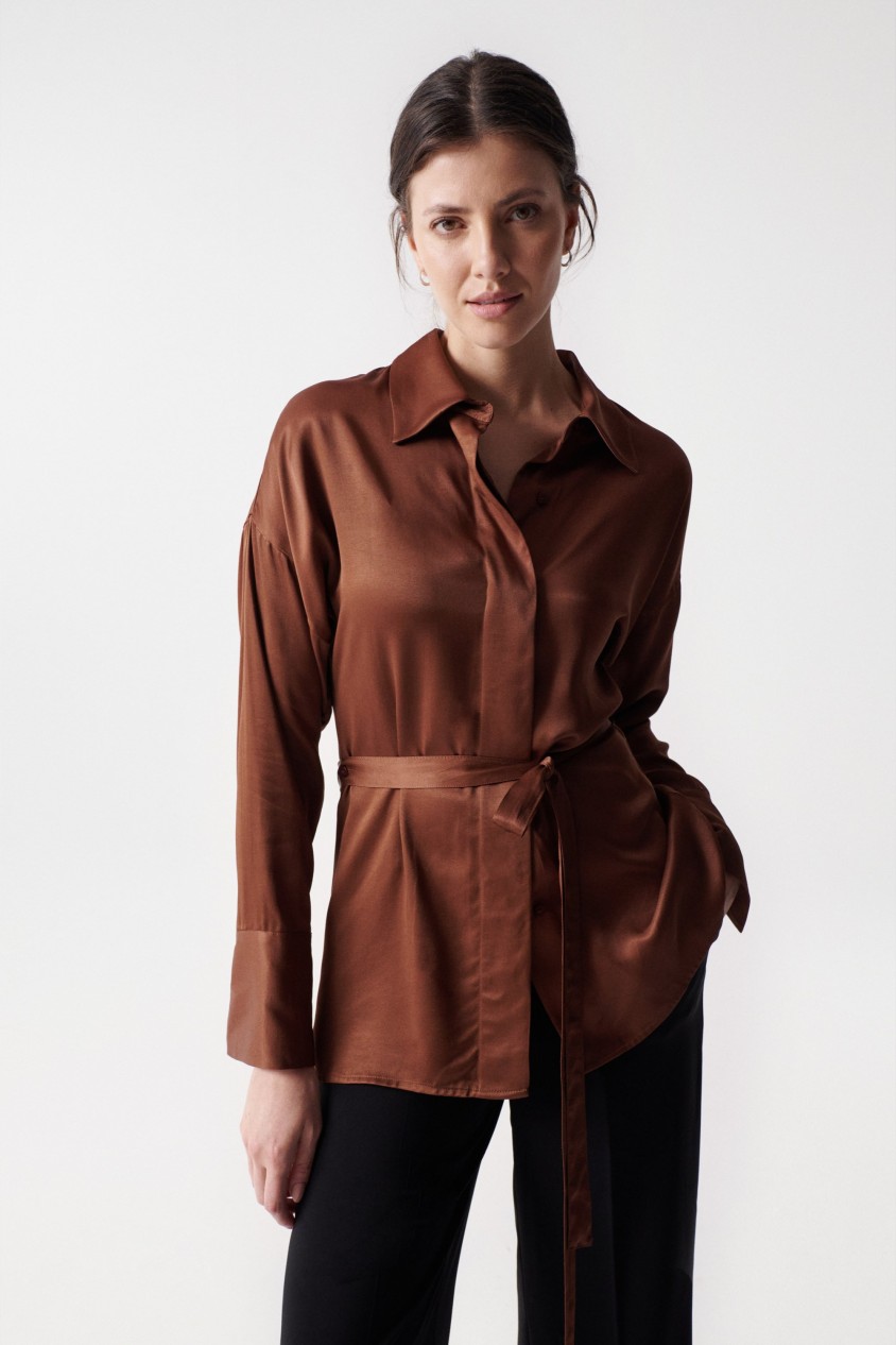 SATIN-FEEL BLOUSE WITH BELT