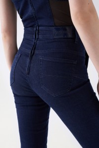 FAITH PUSH IN FLARE DENIM DUNGAREES WITH SEE-THROUGH FABRIC