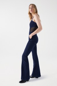 LATZHOSE AUS DENIM, FAITH PUSH IN, FLARE-PASSFORM, TRANSPARENTE DETAILS