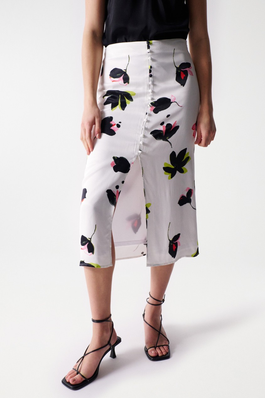 SATIN-FEEL PRINT MIDI SKIRT