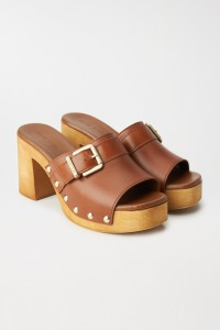 LEATHER CLOG SANDALS WITH BUCKLE AND GOLD APPLIQUS