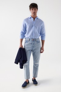 TAPERED-JEANS, MIT RISSEN