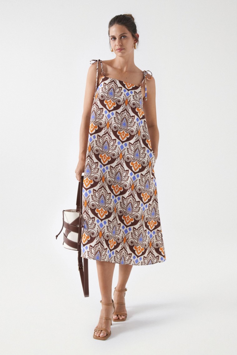 PRINT MIDI DRESS WITH LINEN