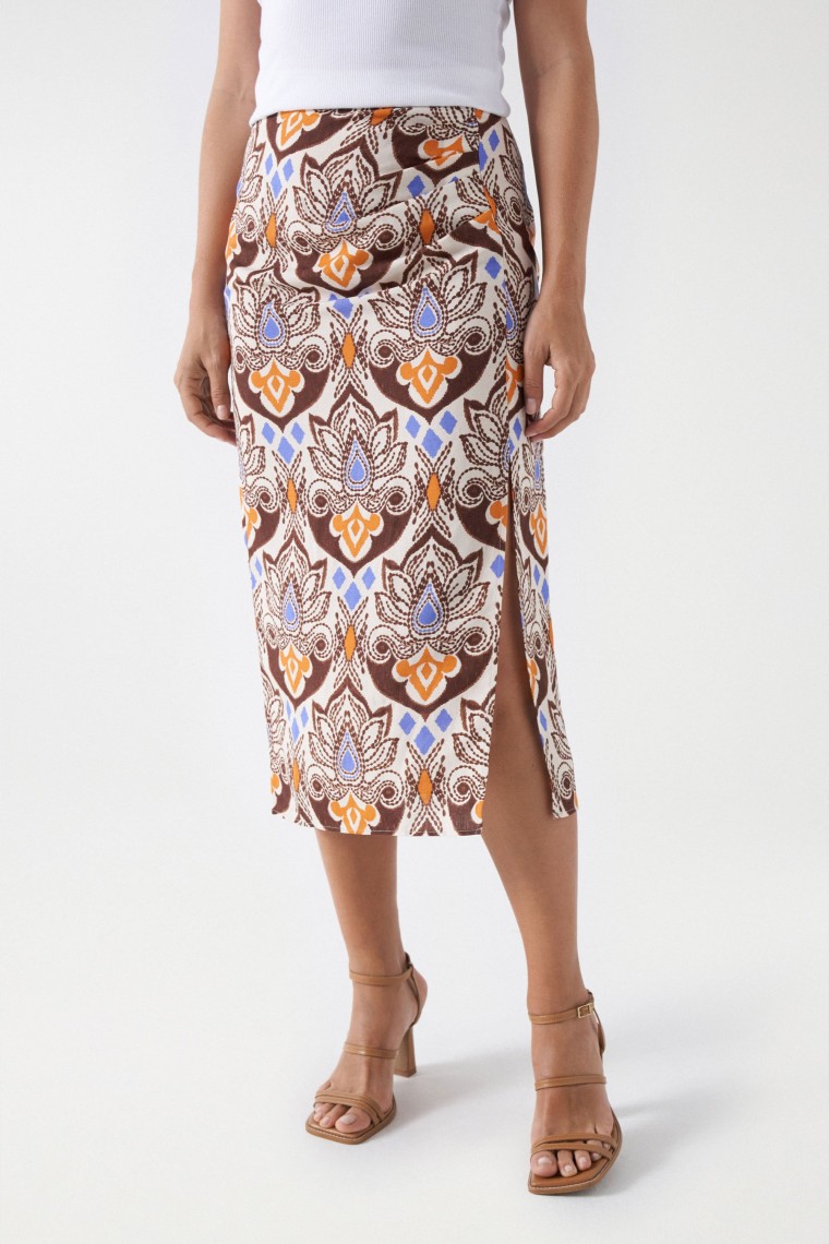 PRINT MIDI SKIRT WITH LINEN