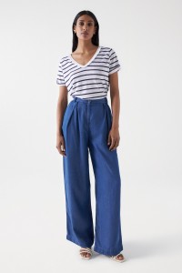 STRIPED LINEN T-SHIRT WITH GLITTER DETAIL AND FRINGES