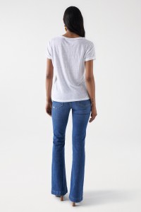 LINEN T-SHIRT WITH GLITTER DETAIL AND FRINGES