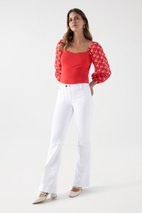 BLOUSE WITH ENGLISH EMBROIDERED SLEEVES